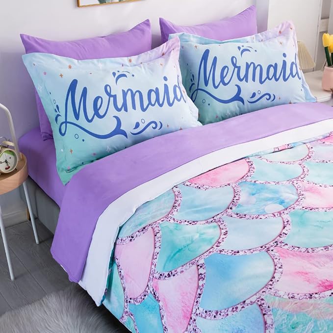 Wajade Kid Mermaid Scale Comforter Bedding Set Twin Size, Colorful Rainbow 3D Fish Scale 7 Pieces Soft Bedding Sets with Comforter, Sheet, Pillowcase and Sham for Girls