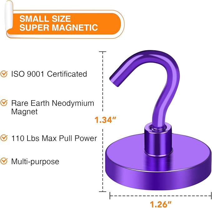 MIKEDE Strong Magnetic Hooks, 110Lbs Heavy Duty Magnetic Hooks for Cruise, Neodymium Earth Magnets with Hooks for Hanging, Super Metal Industrial Magnets for Grill, Storage (Purple,10 Pack)