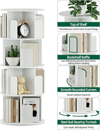 OTK Rotating Bookshelf, 360° Display Standing Book Shelf Organizer, 4 Tier Wooden Corner Bookshelves for Small Space, Small Bookcase Storage Rack for Kids' Room, StudyRoom, Bedroom, White
