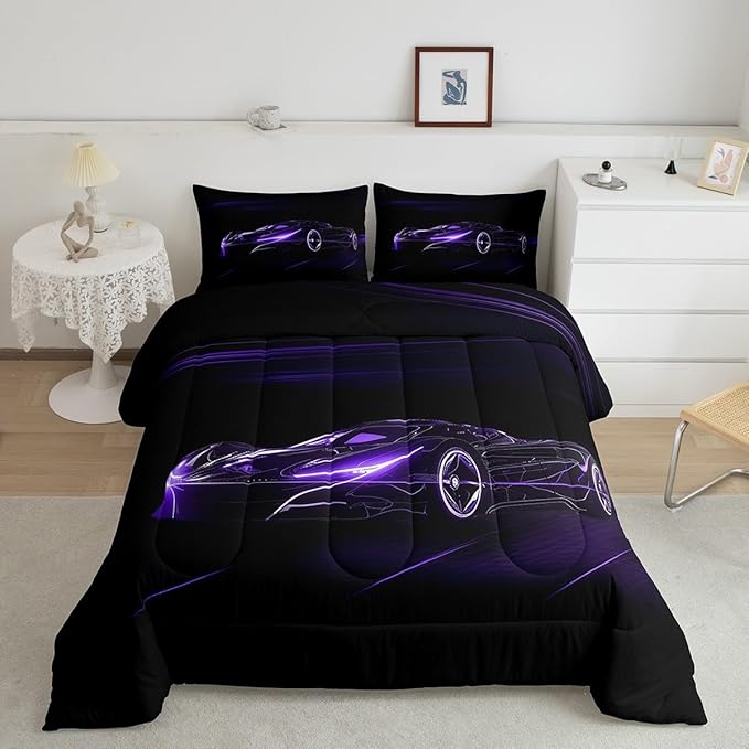 Feelyou Dull Purple Race Car Bedding Set King Size for Kids Boys Extreme Sport Games Comforter Set Teens Toddler Fast and Furious Duvet Set Cool Modern Quilt Set 3Pcs