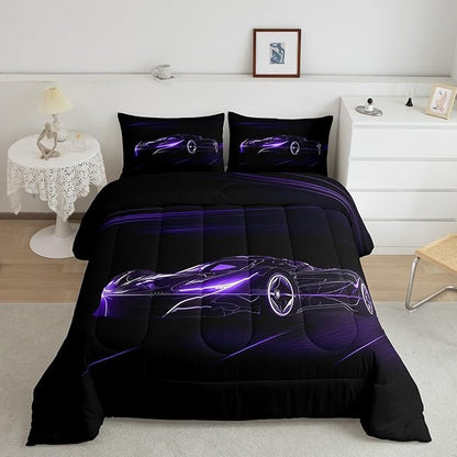 Feelyou Dull Purple Race Car Bedding Set Full Size for Kids Boys Extreme Sport Games Comforter Set Teens Toddler Fast and Furious Duvet Set Cool Modern Quilt Set 3Pcs
