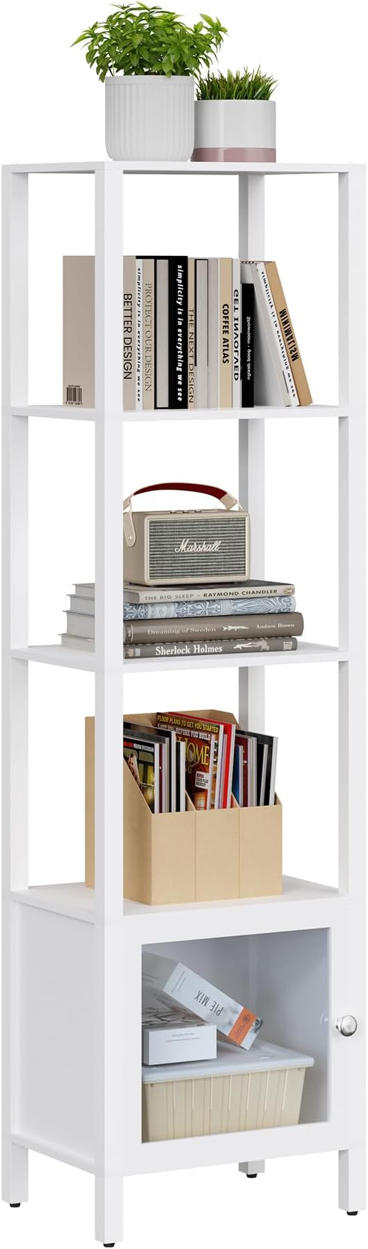 TUTOTAK 5 Tier Bookcase and Bookshelf, Narrow Book shelf with Door for Small Space, for Living Room, Office, Study, Entryway, White BS03BW005
