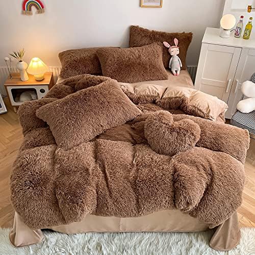 Faux Fur Kids Girls Coffee Comforter Sets Queen - 3PC Bed Set Warm Comfortable Soft Plush Flannel Velvet Fluffy Fuzzy Bedding（Comforter x 1 Pillowcases x 2）