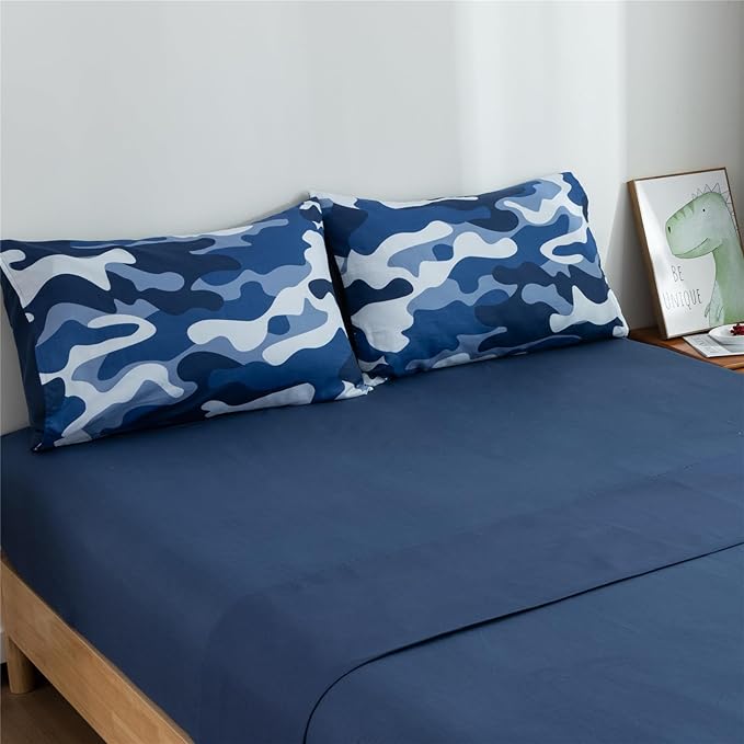 Meeting Story Camouflage Bedding Set, Colorful Pattern Style Comforter Set, 5 PCS One Comforter Two Pillowcases Two Sheets in One Bag, All Season Bedspread for Teens Adults (Navy,Queen 5Pcs)
