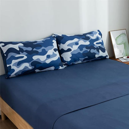 Meeting Story Camouflage Bedding Set, Colorful Pattern Style Comforter Set, 5 PCS One Comforter Two Pillowcases Two Sheets in One Bag, All Season Bedspread for Teens Adults (Navy,Queen 5Pcs)