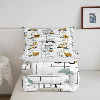 Feelyou Kids Cartoon Car Comforter Set Boys Cute Excavator Tractor Comforter Construction Bedding Set Vehicles Truck Cars Quilt Black White Grid Duvet Set Bright Decor King Size Boys