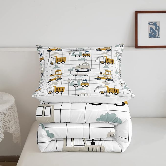 Kids Cartoon Car Comforter Set Boys Cute Excavator Tractor Comforter Toddler Construction Bedding Set Children Vehicles Truck Cars Quilt Set Black White Grid Duvet Set Bright Bedroom Decor Queen Size