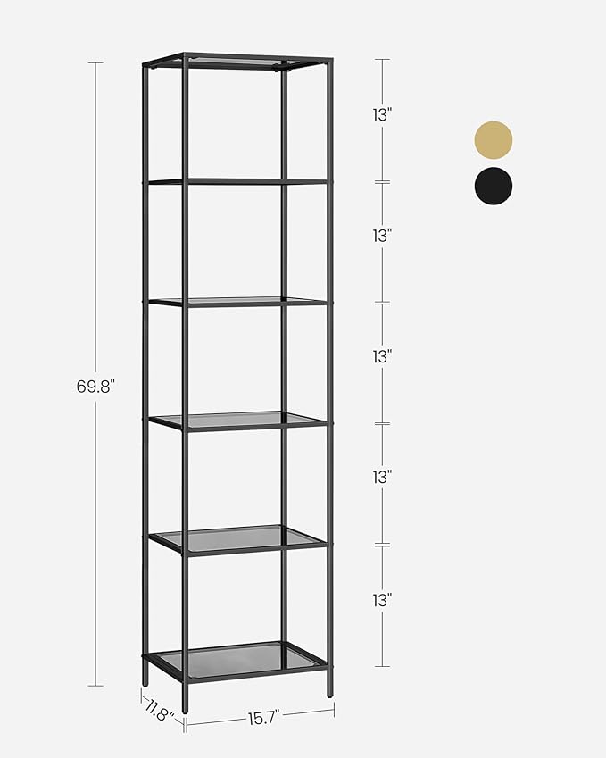 VASAGLE Bookcase, 6-Tier Bookshelf, Slim Shelving Unit for Bedroom, Bathroom, Home Office, Tempered Glass, Steel Frame, Ink Black and Slate Gray ULGT500G01