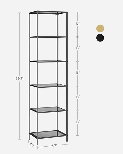 VASAGLE Bookcase, 6-Tier Bookshelf, Slim Shelving Unit for Bedroom, Bathroom, Home Office, Tempered Glass, Steel Frame, Ink Black and Slate Gray ULGT500G01