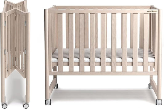 EvoNook 7-in-1 Convertible Mini Crib - Washed White, Portable Folding Baby Mini Crib with 1.5 Inch Mattress, 100% New Zealand Pinewood, 4 Adjustable Mattress Heights