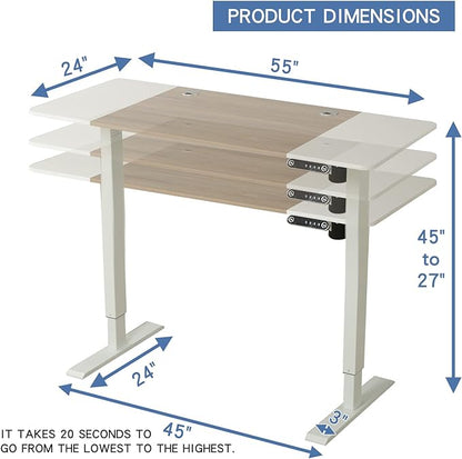 Adjustable Height Electric Standing Desk - 55 x 24 Inch Sit Stand Computer Desk, Stand Up Desk Table for Home Office, White Frame/White + Oak Top