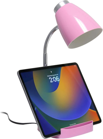 Simple Designs LD1002-PNK Gooseneck Organizer Desk Lamp with iPad Tablet Stand Book Holder, Pink