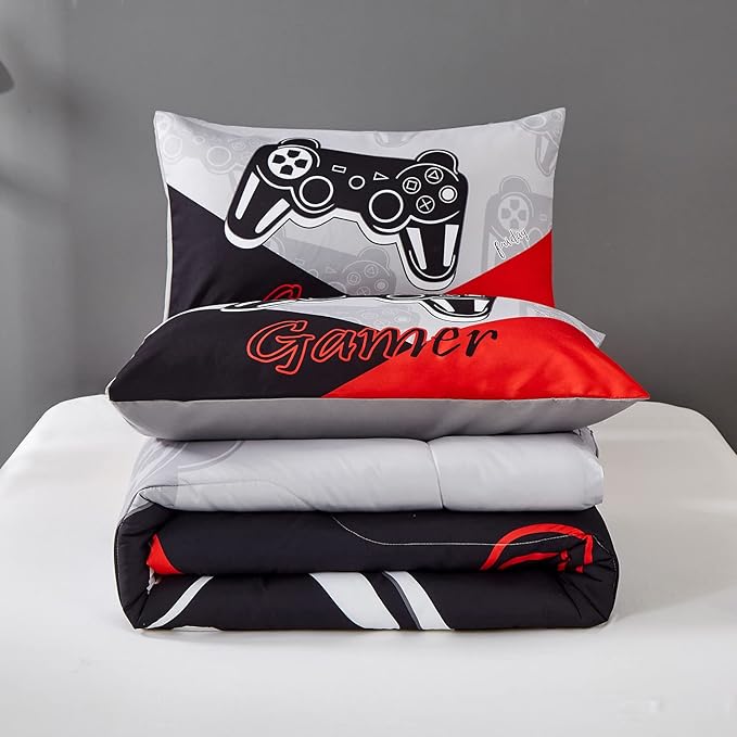 Gaming Comforter Sets for Kids Teen Boys,Video Games Controller Pattern Bedding Set for Room Decor, Twin Size 2-Piece Reddish Black Gamer Comforter with Pillowcase,All Season(Red,Twin)