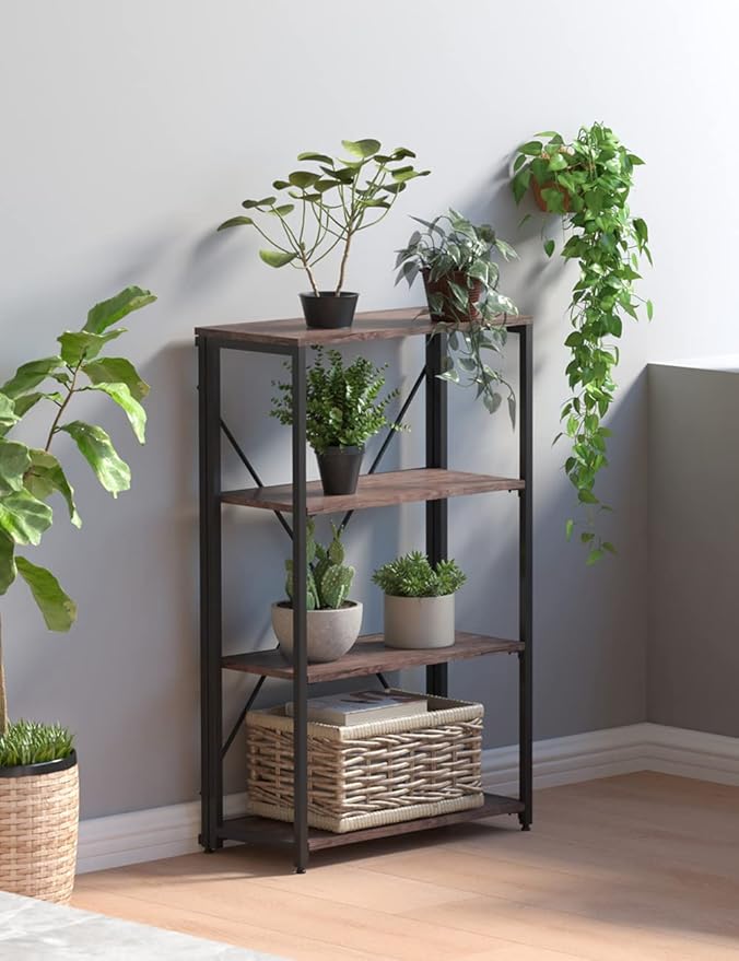 Bookshelf,4-Tier Folding Bookcase,Industrial Book Shelf,Rustic Wood Storage Shelves,Tall Bookshelf,Shelves For Bedroom,Office,Kitchen,Living Room,Study Room,No Assembly Folding Bookshelf,Black