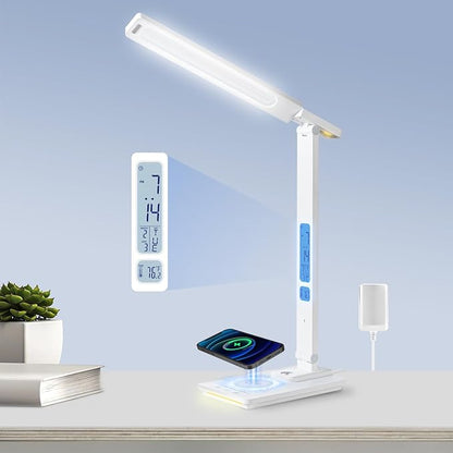 Led Desk Lamp with Wireless Charger, White Desk Lamps for Home Office with Clock, Alarm, Date, Temperature | Desk Light with Night Light, 46 Min Auto Timer | Touch Control Smart Lamp for College, Dorm