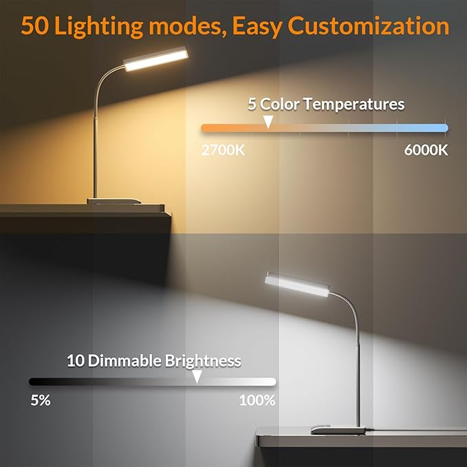 LEPOWER Desk Lamp, 800LM LED Desk Lamp for Home Office, 12W Reading Lamp for Desk, Eye-Caring Light, Touch Table Lamp, Gooseneck Lamp, 50 Lighting Modes, Bright Desk Lamps for Bedroom, Study (Grey)