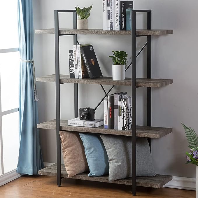 HSH 4-shelf Vintage Industrial Bookshelf, Rustic Gray Wood and Metal 4 Tier Bookcase, Open Wide Etagere Book Shelf for Home Office Livingroom Bedroom Dispaly, Light Grey Oak
