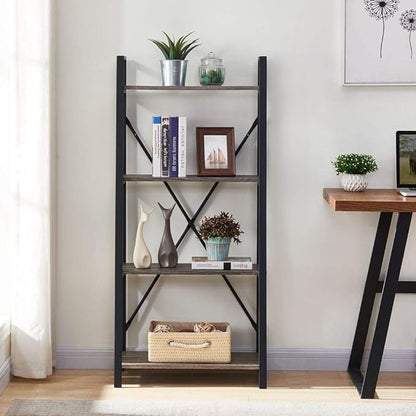 BON AUGURE Rustic Ladder Bookshelf, 4 Tier Industrial Ladder Shelf Bookcase, Standing Leaning Book Shelves for Living Room (Dark Gray Oak)