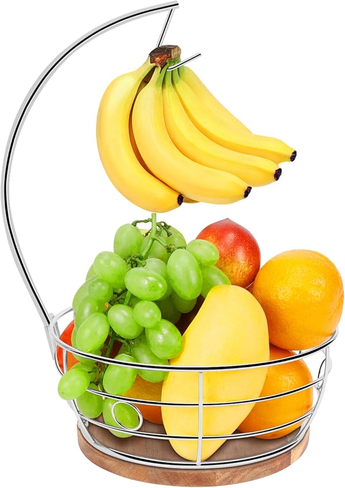 Livabber Countertop Fruit Basket Bowl with Banana Hanger, Modern Standing Fruit Vegetable Bowl Storage, with Banana Tree Holder for Kitchen Dinning Table (Round Wood, Chrome)