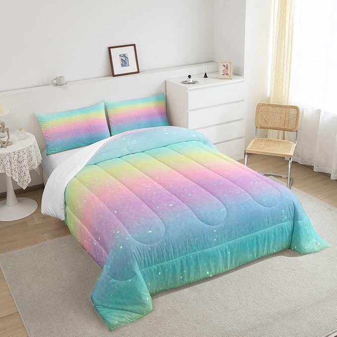 Erosebridal Rainbow Bedding Comforter Sets Full Size Tie Dye Galaxy Comforter Set for Boys Girls Kids Bedroom, Glitter Starry Bedding Pastel Ombre Sparkle Quilt with 2 Pillowcases, Pink Blue Yellow