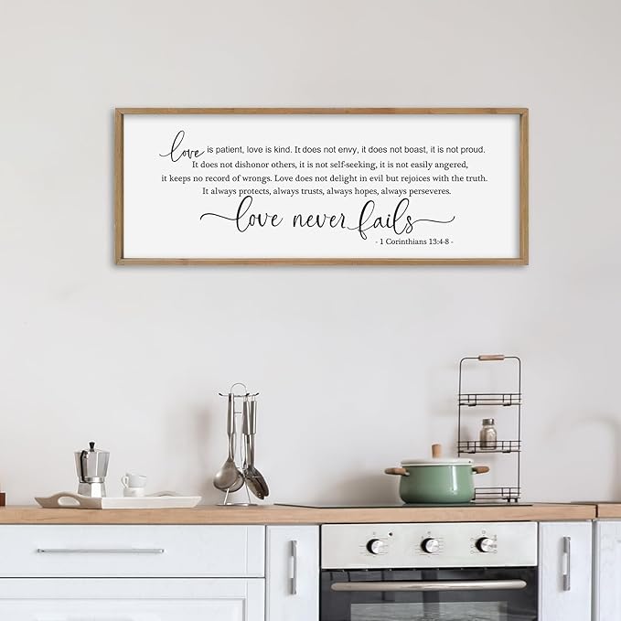 SRSZHIYUE Love is Patient Kind Sign Wall Decor Art 32"×12" 1 Corinthians 13 4-8 Master Bedroom Christian Wood Framed Large Wall Hanging (Wood)