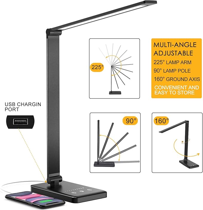 Led Desk Lamp, Desk Lamp with USB Charging Port, 5 Color Modes, 10 Brightness, Natural Light, Eye Caring Reading Lamp, Desk Light for Home Office, Table Lamp, Touch Control, Auto-Timer, Black