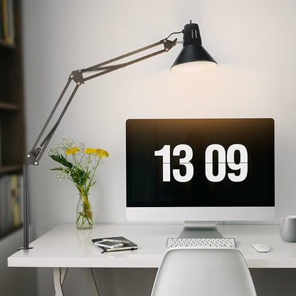 Desk Lamp for Home Office Eye-Caring Metal Extra Long Swing Arm Stable Clamp Flexible Gooseneck A19 E26 Bulb included as Table Working Reading Aesthetic Computer Versatile Light