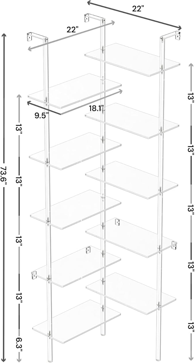 Acrylic Corner Bookshelf, Wall Mounted, 10-Tier L Shaped Bookshelf with Open Shelves, Multipurpose Clear Ladder Bookcase for Living Room, Bathroom, Office, Modern, 73.6" H