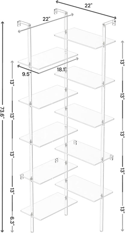 Acrylic Corner Bookshelf, Wall Mounted, 10-Tier L Shaped Bookshelf with Open Shelves, Multipurpose Clear Ladder Bookcase for Living Room, Bathroom, Office, Modern, 73.6" H