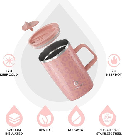 Ideus 16 oz Insulated Stainless Steel Coffee Mug with Lid, Leopard Pink | Perfect for home, office, or daily use| Easy to clean wide mouth| Sweat-proof| On the go