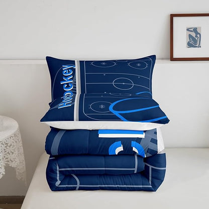 Feelyou Kids Ice Hockey Comforter Set Full Size Ice Sports Games Bedding Set for Boys Girls Teens Bedroom Decor Hockey Player Comforter Puck Hockey Duvet Set with 2 Pillow Case