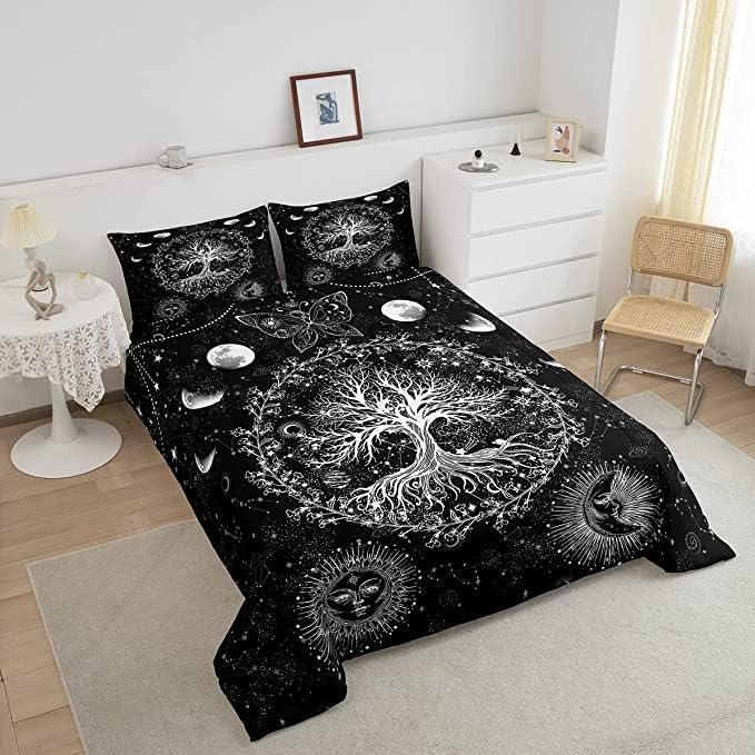 Feelyou Sun and Moon Comforter Bohemian Tree Butterfly Style Bedding Set Psychedelic Hippie Comforter Set for Boys Girls Children Teens Bedroom Decor Galaxy Astrology Duvet Set King Size