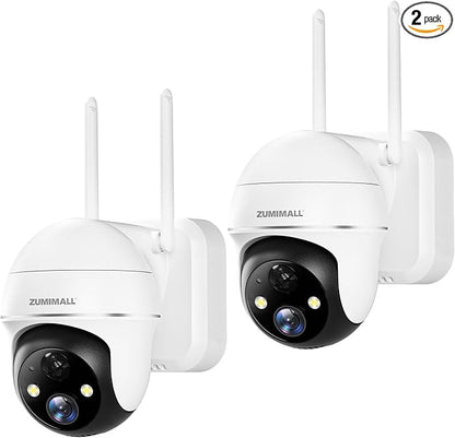 ZUMIMALL Security Cameras Wireless Outdoor - 2 Packs, 360° PTZ WiFi Battery Powered Cameras for Home Surveillance, Spotlight & Siren/PIR Detection/3MP Color Night Vision/2-Way Talk/IP66/Cloud