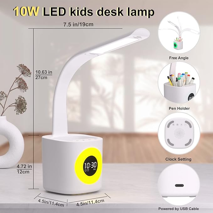 YOUKOYI LED Desk Lamp with Clock, Kids Desk Lamp, 10W Dimmable Study Lamp with Pen Holder, 4 Lighting Modes&5 Brightness Level with Color Changing Nightlight, Desk Lamps for Home Office, Gift for Kids