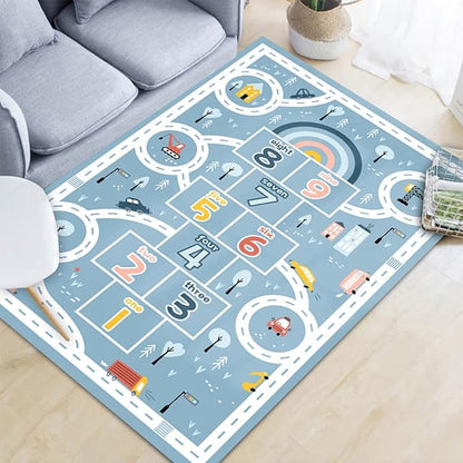 Kids Rug Play Mat, Car Rug, Hopscotch Rug, Hopscotch Mat for Kids, Can Be Used to Play with Cars Kids Carpet Play Mat,(Blue,160×230cm/63×91IN)