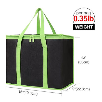 Bodaon 2-Pack Insulated Reusable Grocery Shopping Bags, X-Large Black-Green | Cooler Bag Top Cold/Warmer, Heavy Duty Insulated Pizza/Food Delivery Bag, For Commercial Catering Rideshare Driver, Picnic