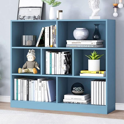 IOTXY Open Shelf Low Bookcase - Wooden 3-Tier Floor Standing Display Cabinet Organizer with Base, 7 Cubes Short Horizontal Bookshelf in Bright Blue