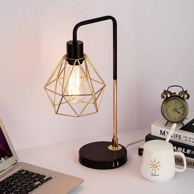 COTULIN Set of 2 Touch Control Black Gold Table Lamp,Modern Industrial Desk Lamp with 2 USB Charging Ports,3-Way Dimmable Bedside Nightstand Cage Reading Lamp for Bedroom Living Room Office Study