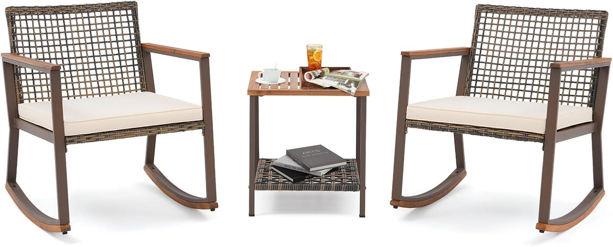 Verano Garden 3 Pieces Rocking Bistro Set, Conversation Bistro Set | Outdoor Chairs and Table Set, Wood Armrest, Soft Cushions, Small Porch Set, Balcony Set, Garden, Patio, Yard, Mix Brown