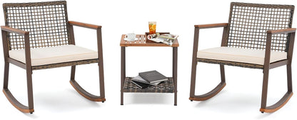 Verano Garden 3 Pieces Rocking Bistro Set, Conversation Bistro Set | Outdoor Chairs and Table Set, Wood Armrest, Soft Cushions, Small Porch Set, Balcony Set, Garden, Patio, Yard, Mix Brown