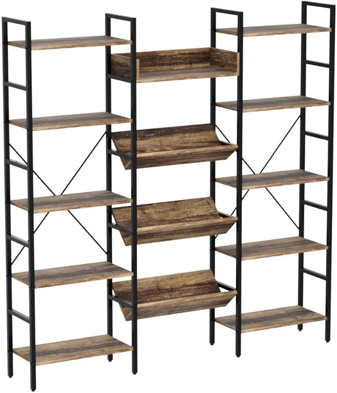 IRONCK Bookcases and Bookshelves Triple Wide 5 Tiers Industrial Bookshelf, Large Etagere Bookshelf Open Record Player Shelves with Metal Frame for Living Room Home Office