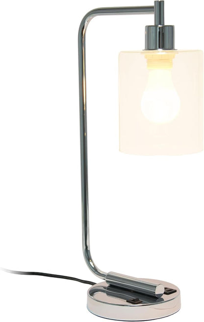 Simple Designs LD1066-CHR-LB Industrial Vintage Bronson Iron Lantern Desk Table Lamp with USB Port and Glass Cylinder Shade for Office, Living Room, Bedroom, Chrome, with Feit LED Bulb Included