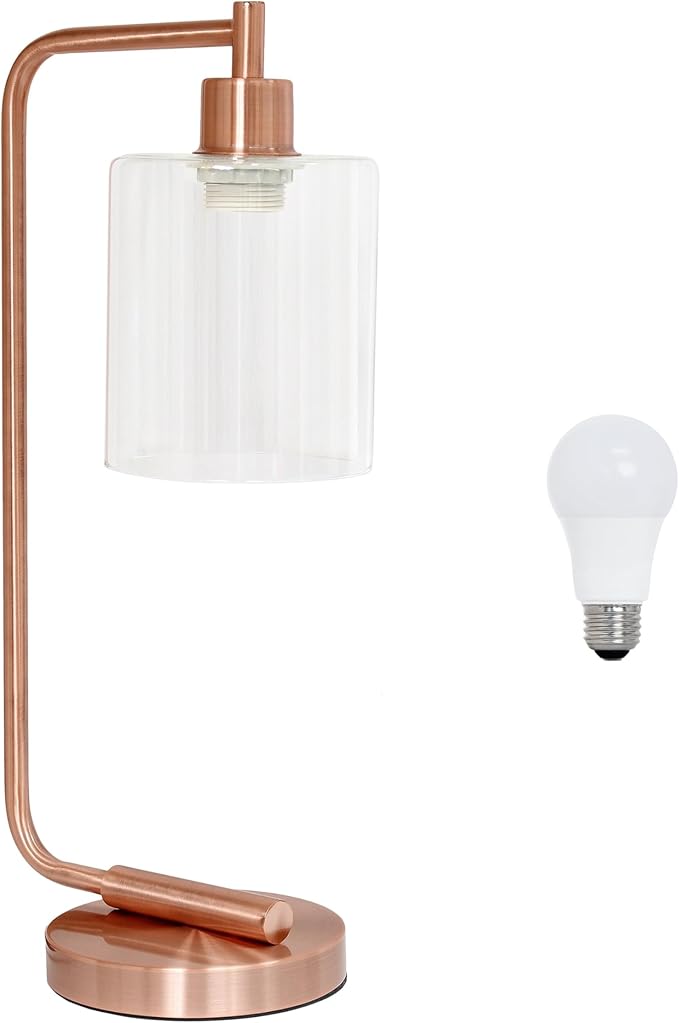 Simple Designs LD1036-RGD-LB 18.8" Industrial Bronson Antique Style Iron Lantern Desk Table Lamp with Glass Shade for Home Décor, Office, Living Room, Bedroom, Rose Gold, with Feit LED Bulb Included