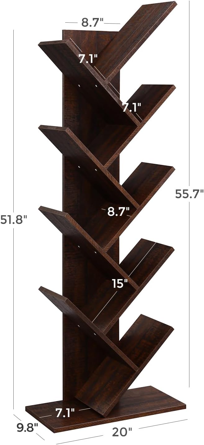 VASAGLE Tree Bookshelf, 9-Tier Bookcase, Large Bookshelf, Space-Saving Corner Shelf, Book Tree, Holds Books, CDs, Games, for Bedroom, Living Room, Home Office, Walnut Color ULBC11BY