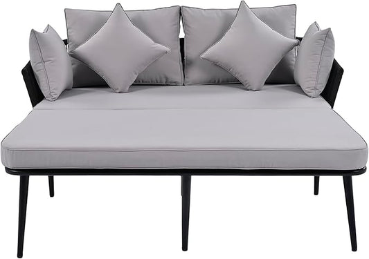 Patio Daybed Set for 2, Outdoor Furniture All-Weather Sofa Sunbed with Adjustable Iron Feet, Woven Nylon Rope Backrest, Washable Cushions and Pillows, for Balcony, Poolside, Gray
