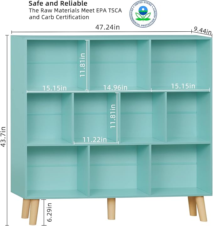 LEYAOYAO 10 Cube Bookshelf,3 Tier Modern Wide Bookcase with Legs,Mid-Century Wood Bookshelves Storage,Mint-Green Large Book Case,Freestanding Organizer Display Shelf for Bedroom,Living Room,Office