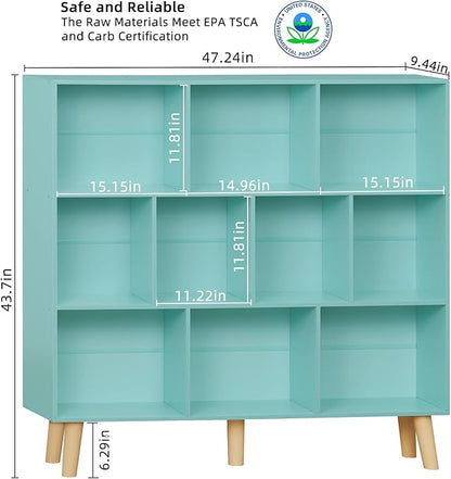 LEYAOYAO 10 Cube Bookshelf,3 Tier Modern Wide Bookcase with Legs,Mid-Century Wood Bookshelves Storage,Mint-Green Large Book Case,Freestanding Organizer Display Shelf for Bedroom,Living Room,Office