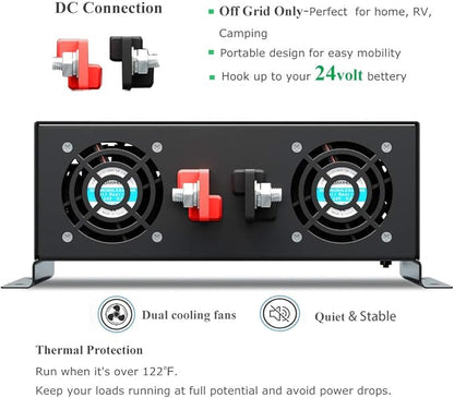 WZRELB 2000W 24VDC 120VAC Pure Sine Wave Power Inverter with 2 AC Outlets Wired Remote Control Car Inverter (RBP-200024WR)