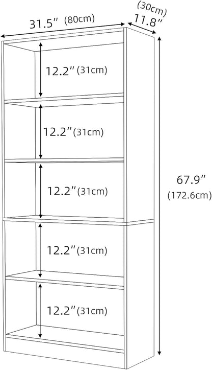 Wood Bookcase 5-Shelf Freestanding Display Shelf Organizer Wooden Bookshelf for Home Office School (Grey 11.8" D x 31.5" W x 67.9" H)