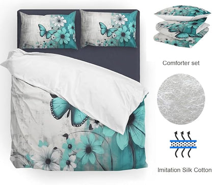 Butterfly Flowers Comforter Sets Twin Size, Vintage Floral Butterfly Kids Bedding Sets for girls Teens 3 Piece Bedroom Decor